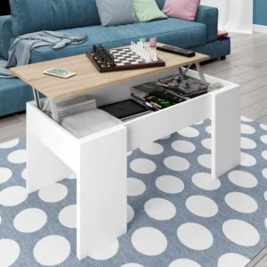 Sleek white and oak coffee table with storage compartment