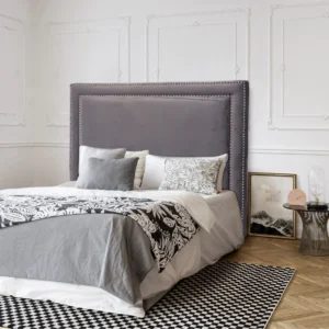 Bedroom transformation with velvet upholstered bed headboard