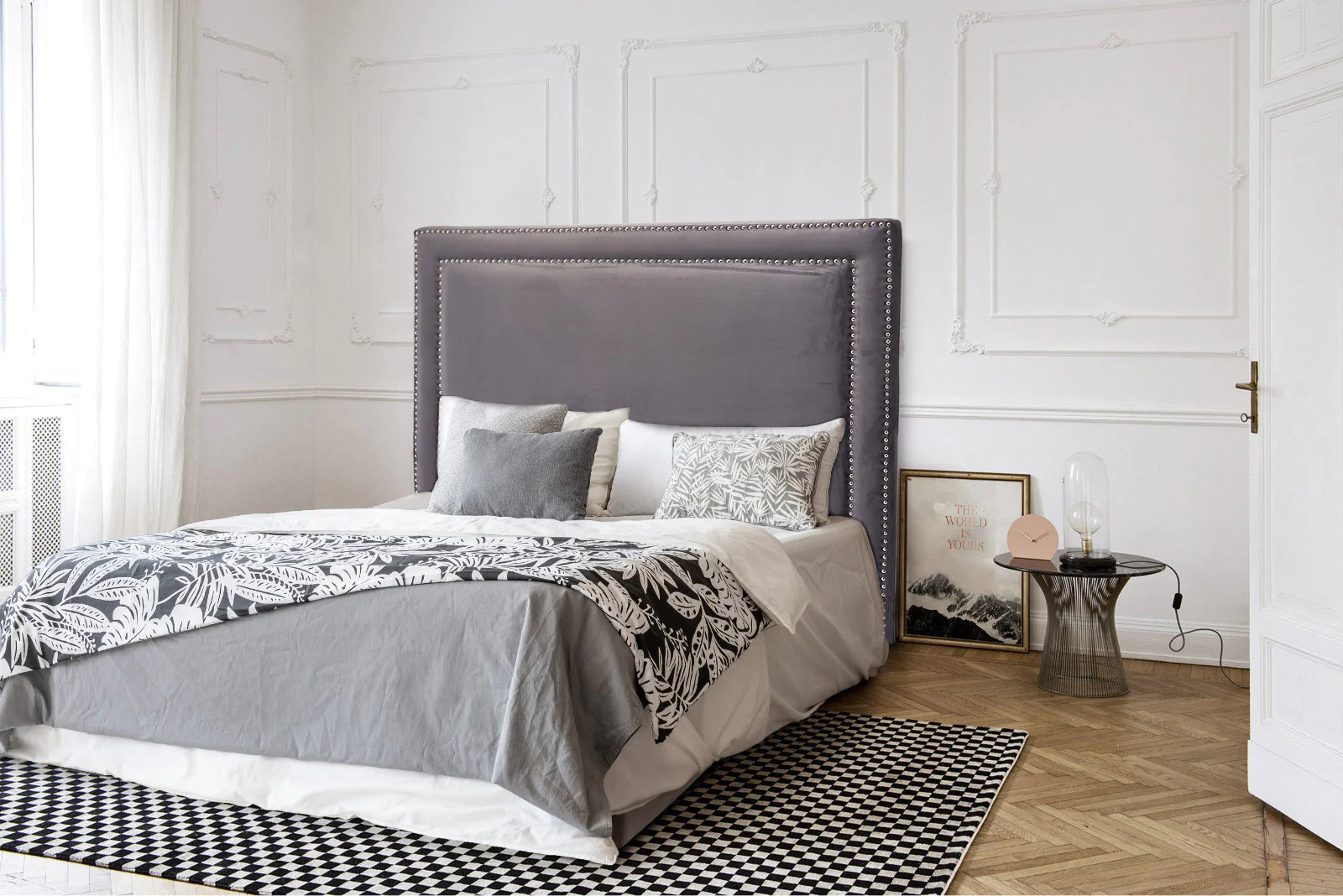 Bedroom transformation with velvet upholstered bed headboard