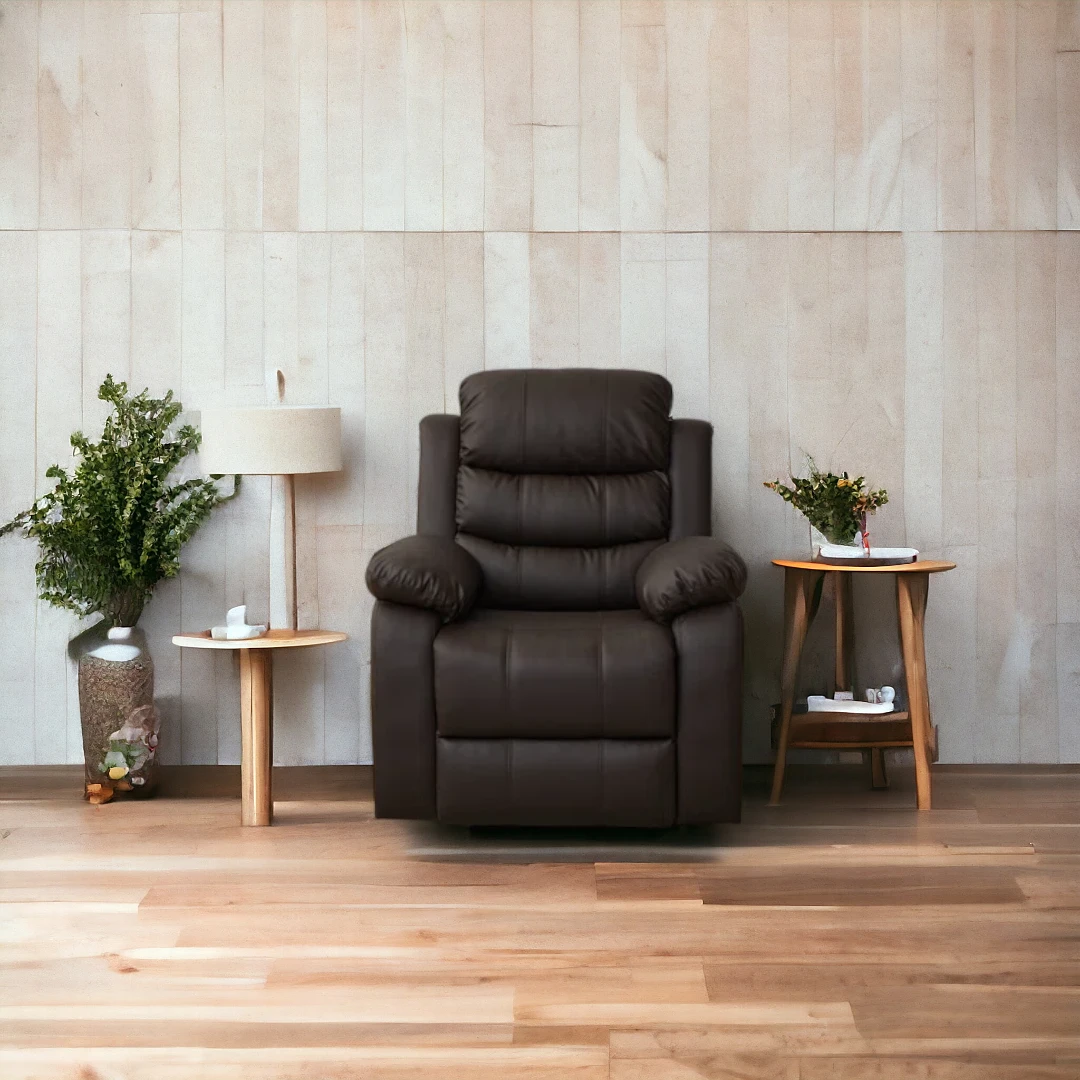 Brown leather recliner chair single seat front view
