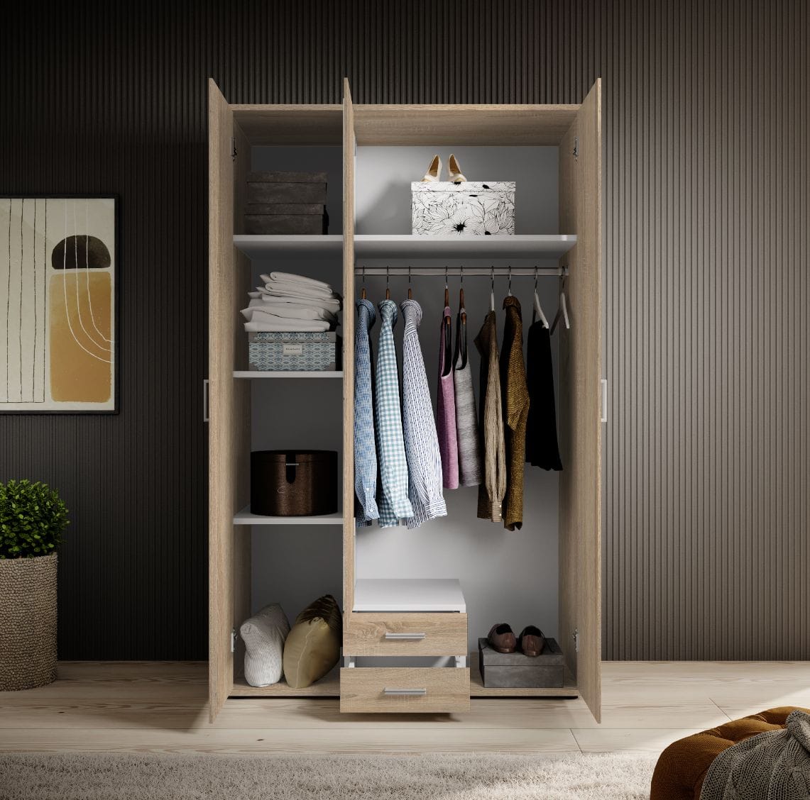 Oak 3-Door Wardrobe with Mirror and Drawers