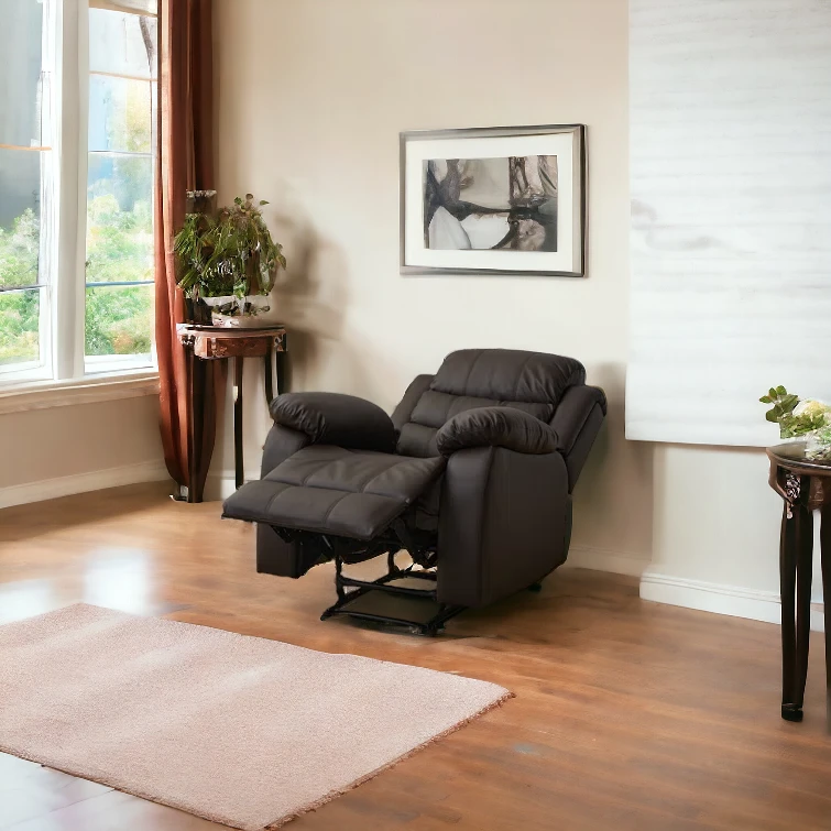 Modern brown leather recliner armchair detail close-up