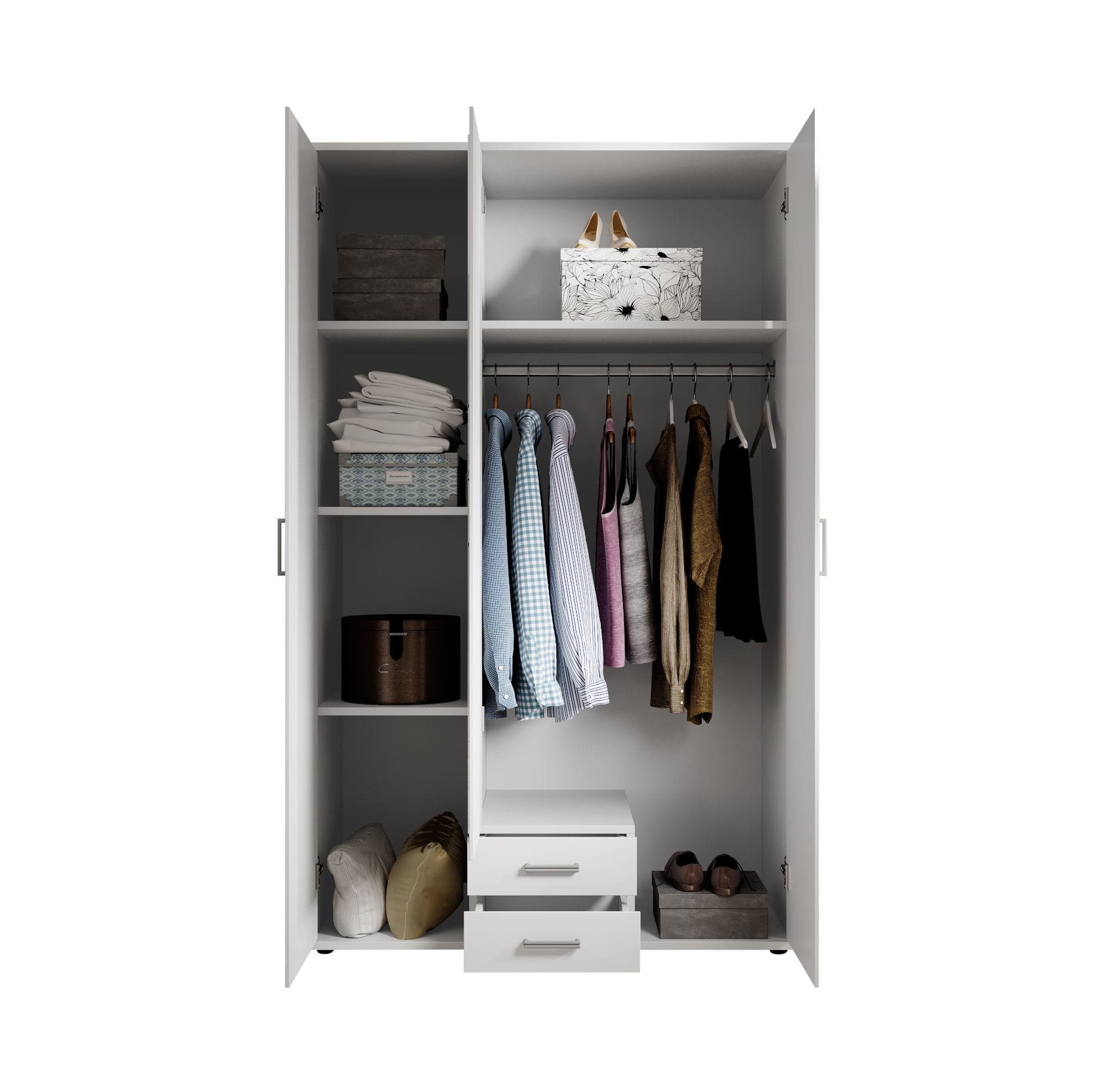 White 3-Door Wardrobe with Mirror and Drawers