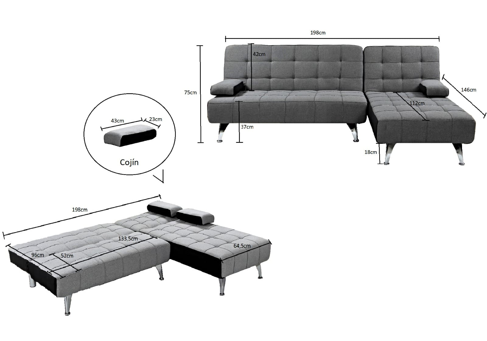 Dark Grey Fabric Nordic Style Corner Sofa Bed