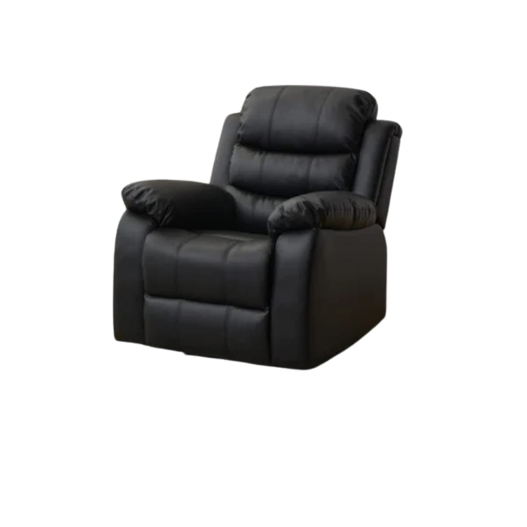 Black recliner chair made from PU leather with built-in cupholders