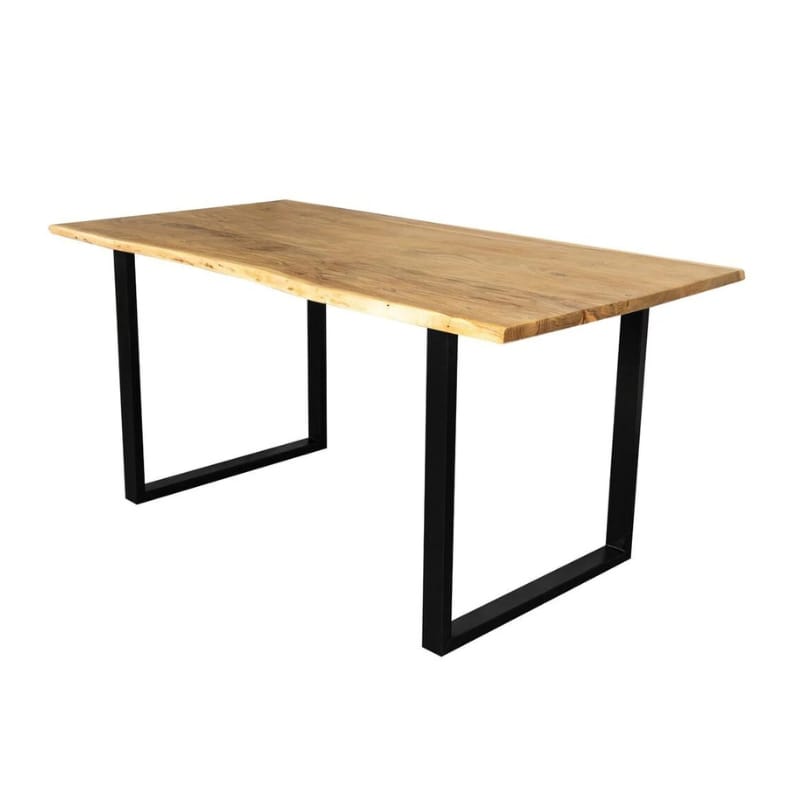 Solid acacia wood dining table with black metal legs and natural finish