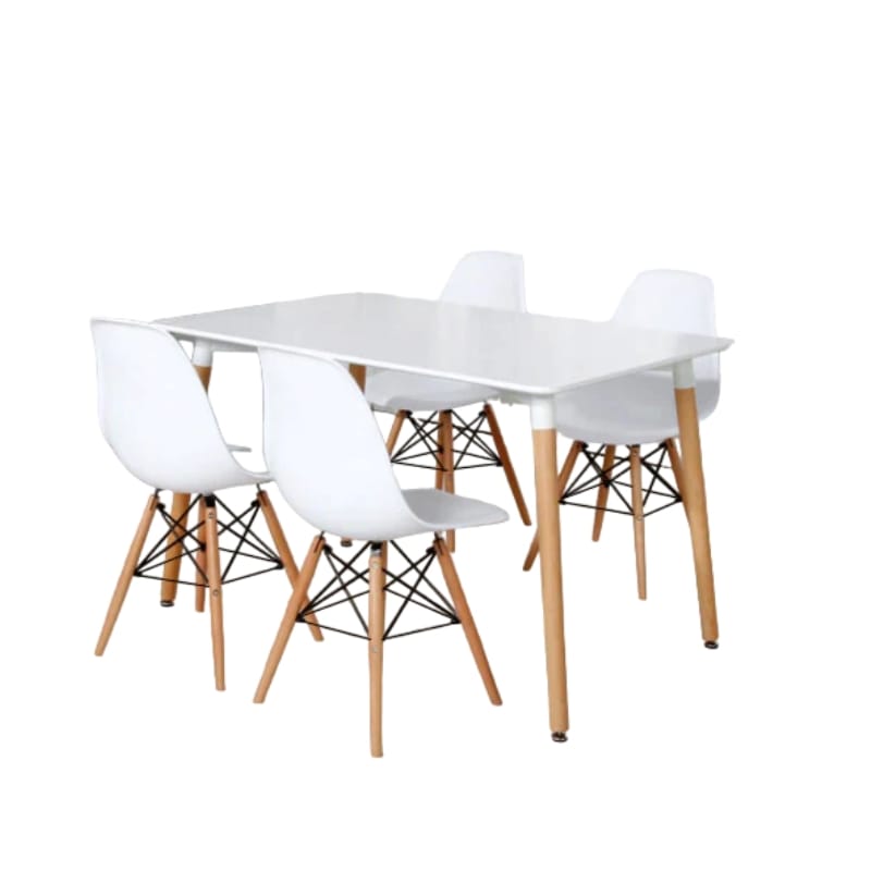 Nordic rectangle dining table set in white and oak with four chairs