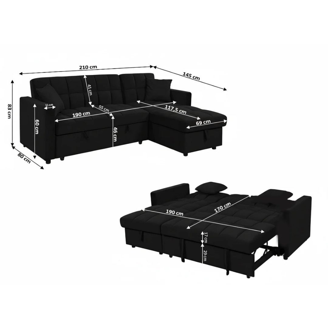 Multifunctional black sofa bed with storage compartment