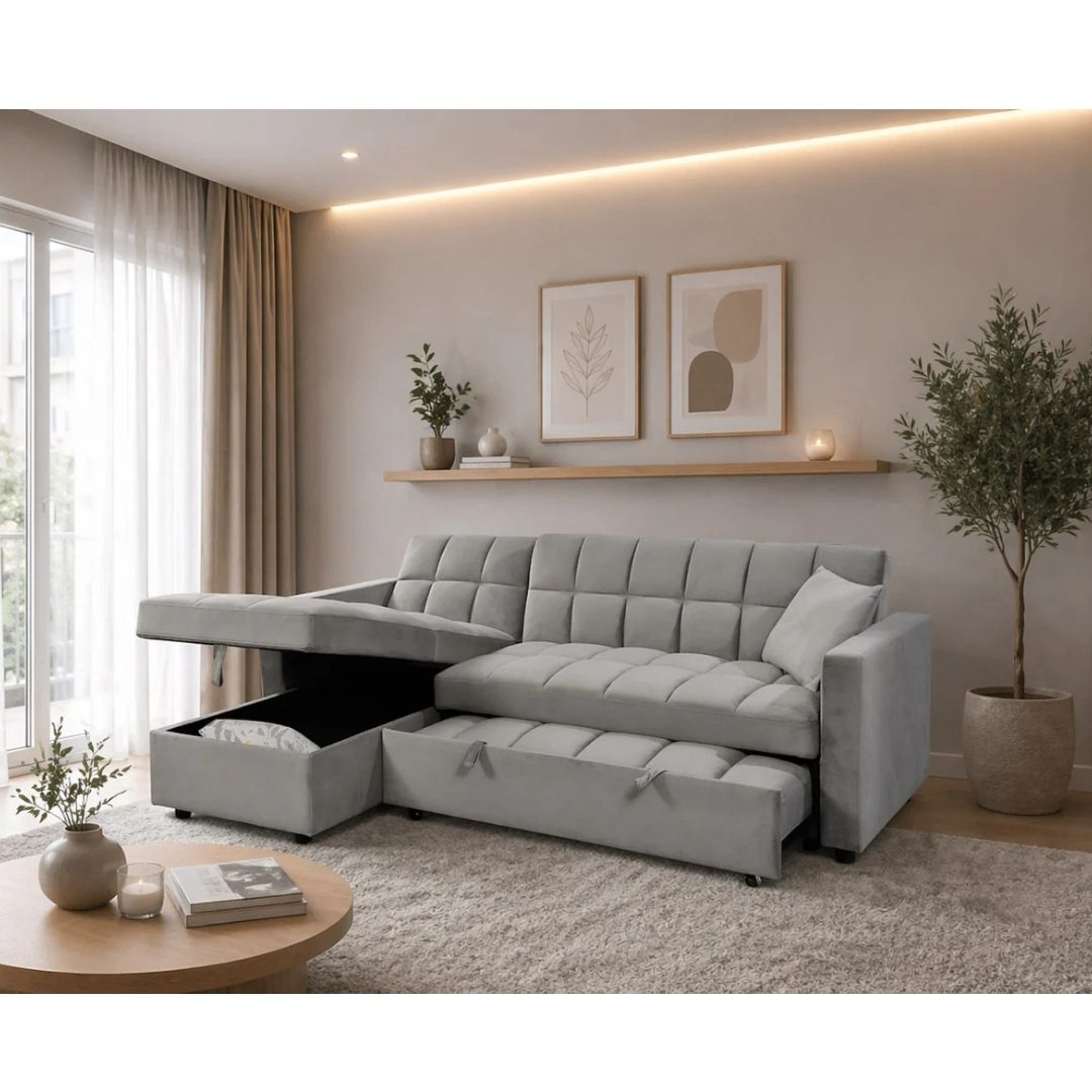 Pull-Out Sofa Bed With Reversible Storage Chaise Kris side view grey
