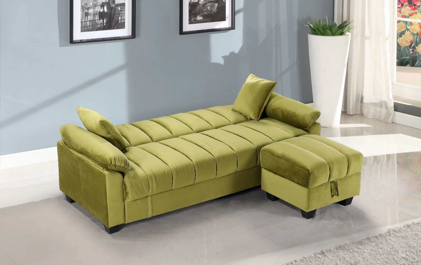 Lime sofa bed with hidden storage compartment