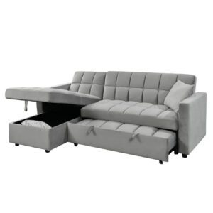 Pull-Out Sofa Bed With Reversible Storage Chaise Kris in grey upholstery
