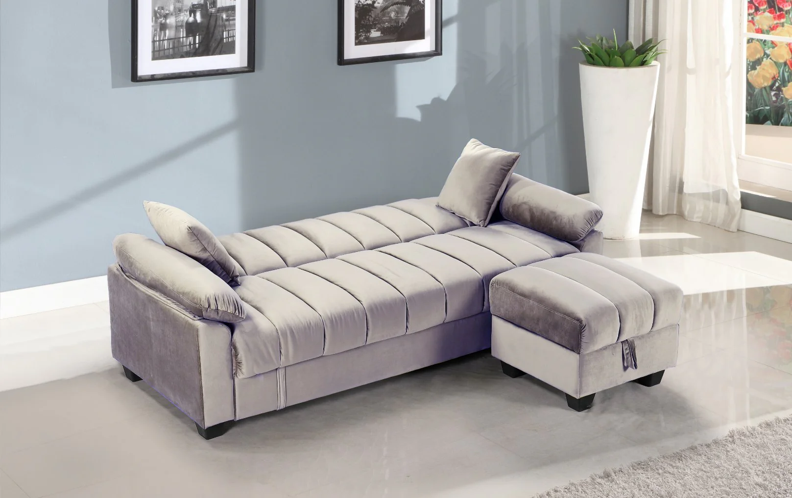 Grey sofa bed with pull-out sleeping function