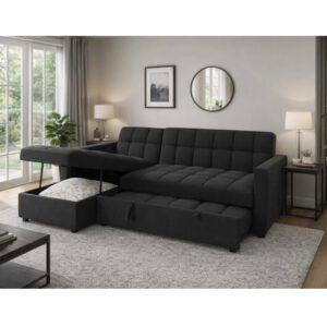 Black reversible chaise sofa bed with pull-out bed
