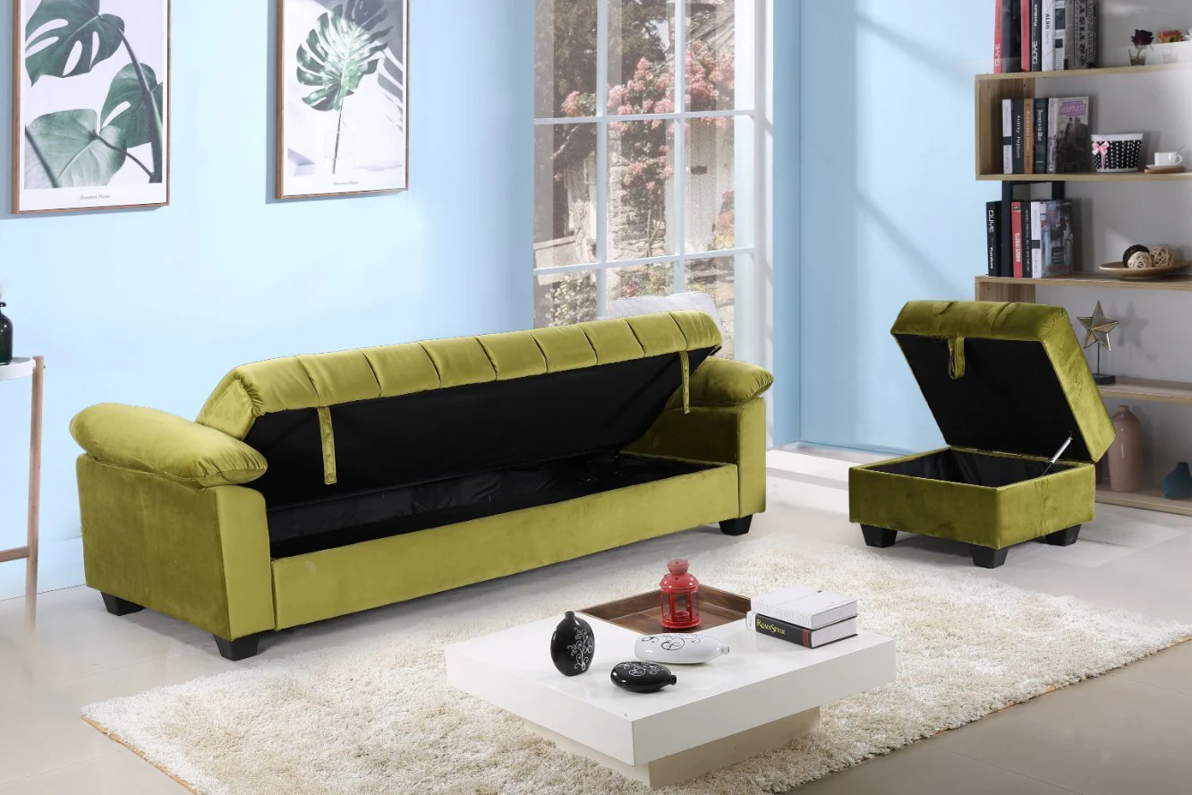 Lime sofa bed and pouffe set in modern design