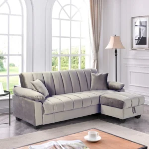 Large grey sofa bed with hidden storage compartment