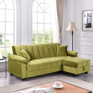 Lime Yadhi sofa bed with storage and matching pouffe