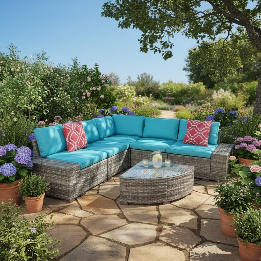 Modular grey rattan garden sofa with blue cushions and coffee table