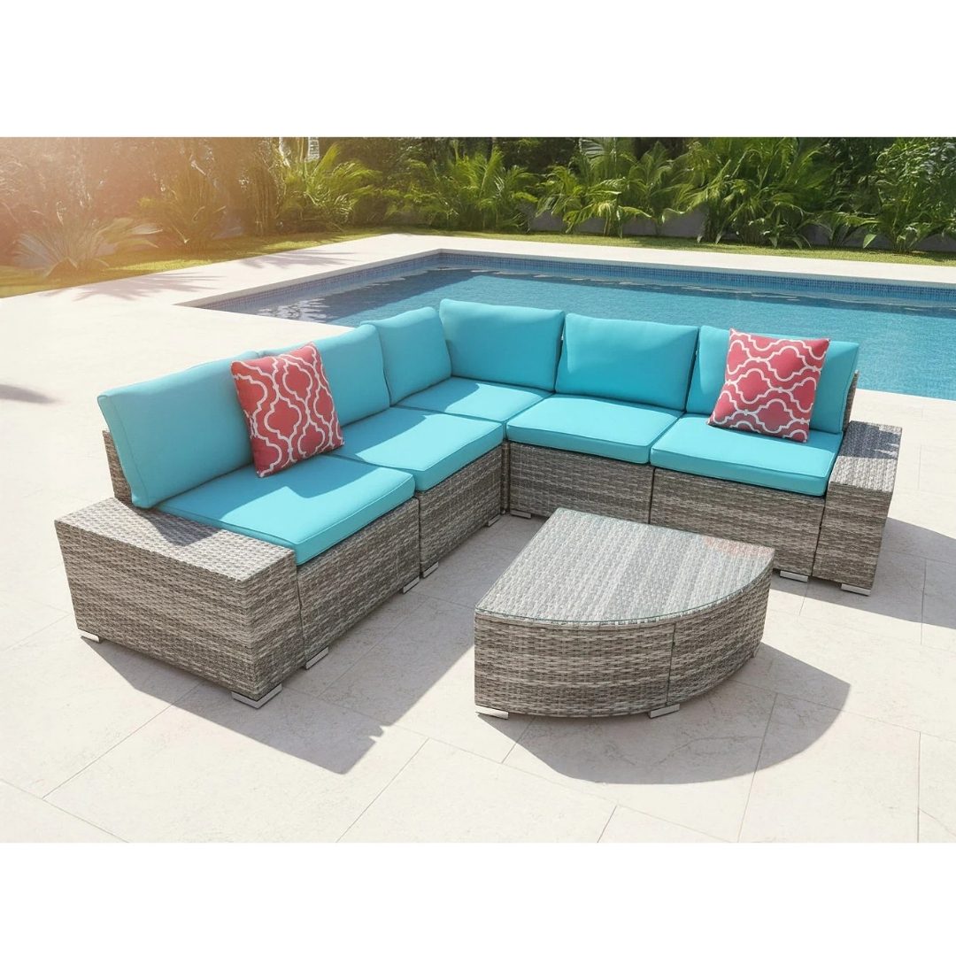 Premium grey rattan corner sofa set with soft blue cushions