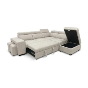 Beige corner sofa bed with storage measuring 264cm wide.