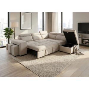 Beige corner sofa bed with Italian-style headrest design.