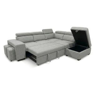 Grey corner sofa bed with storage and footstool, 264cm wide.
