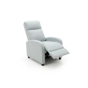 Ellie blue recliner armchair fully reclined with the integrated footrest extended