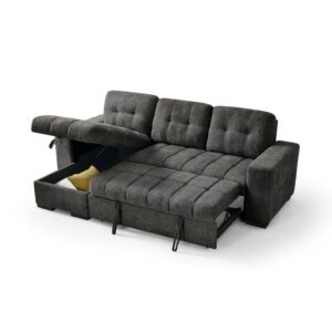 Grey fabric sofa bed with universal corner chaise design