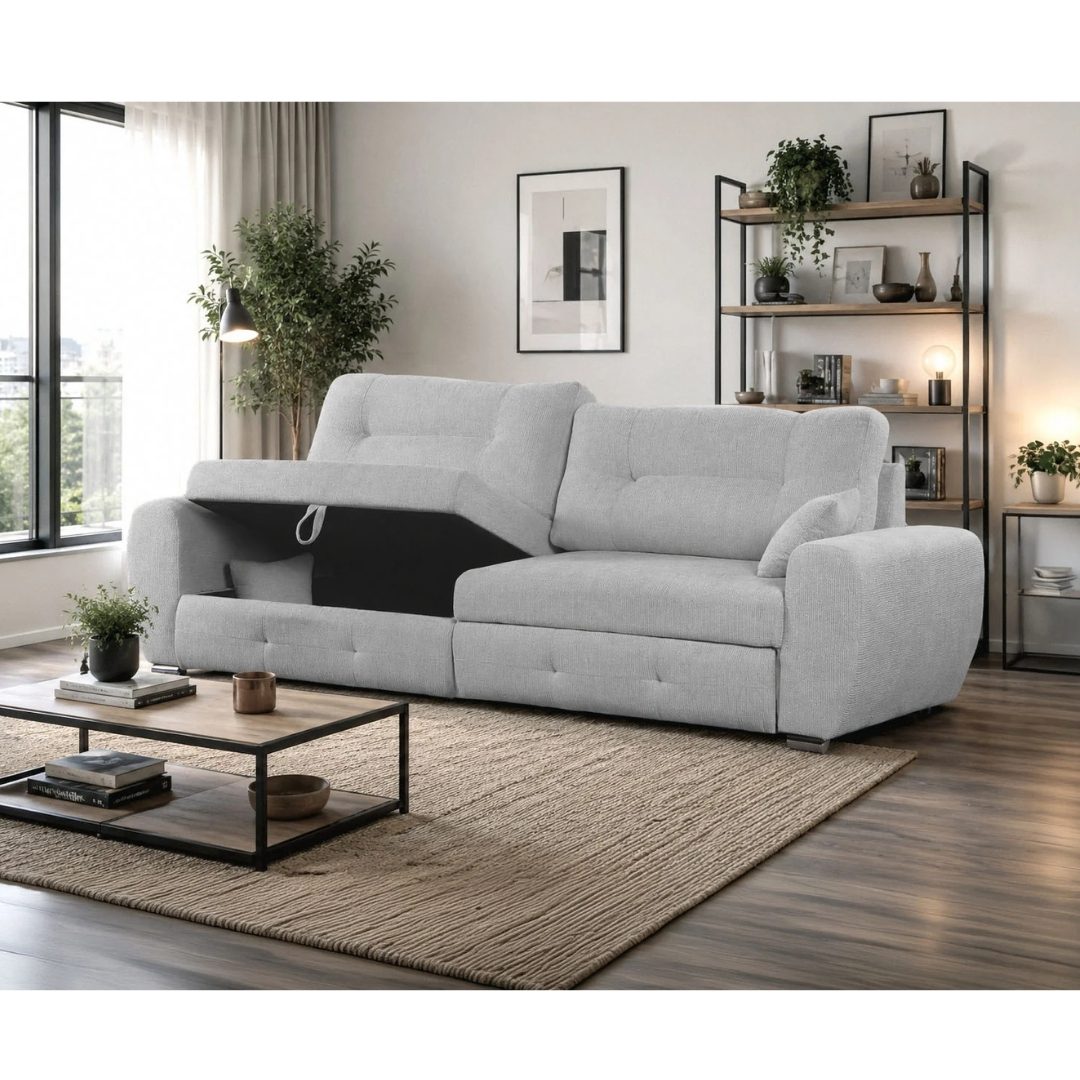 Grey chaise longue sofa with hidden storage compartment