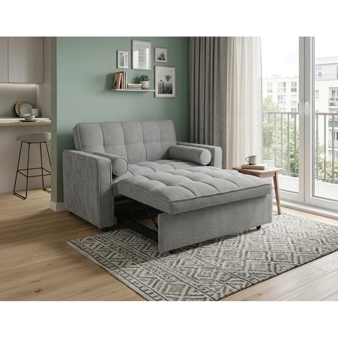 Joan XS grey sofa bed with cylindrical cushions