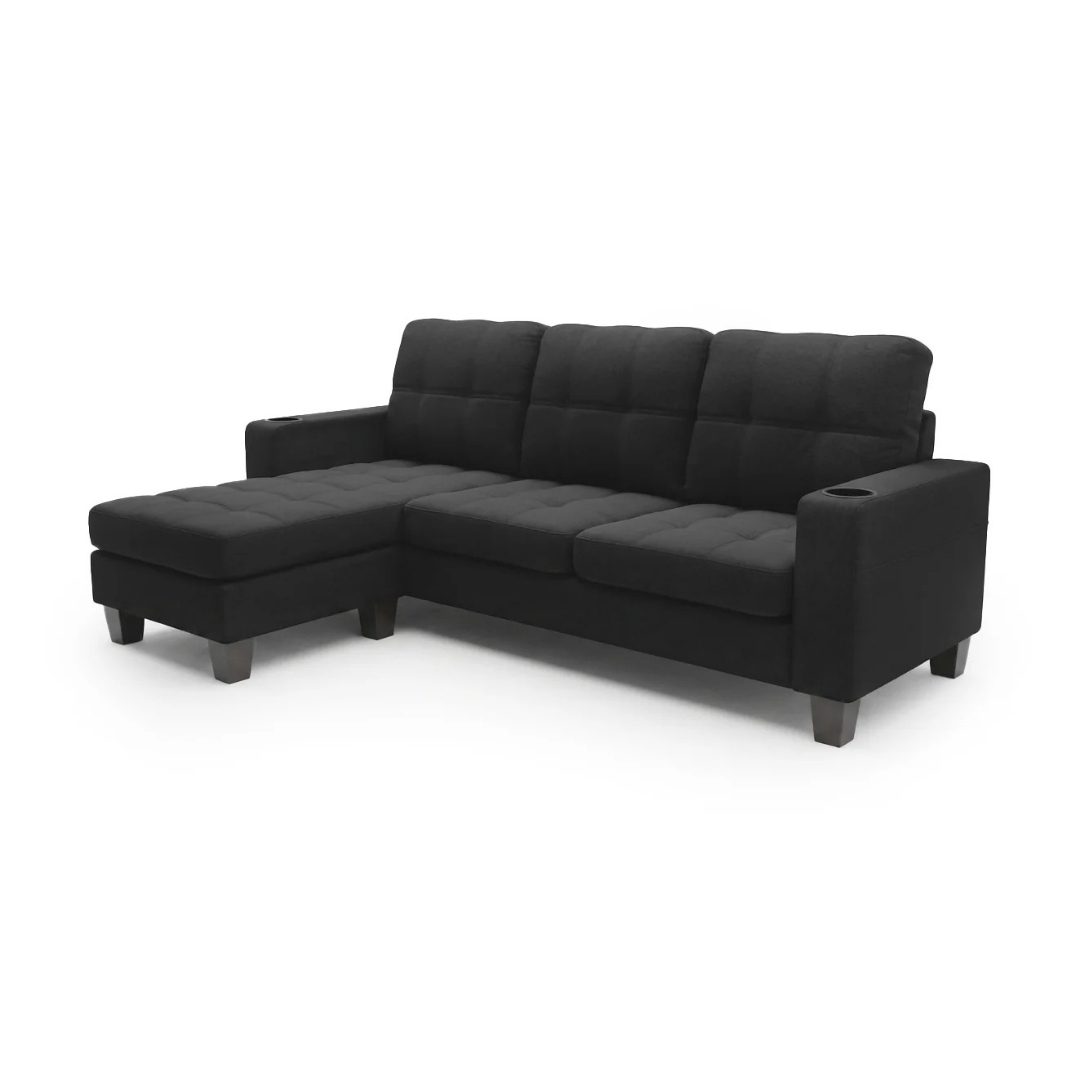 Kiger 3-seater sofa chaise in black linen fabric