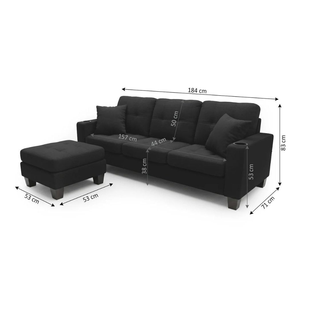 Black Kiger sofa with integrated armrest cup holders