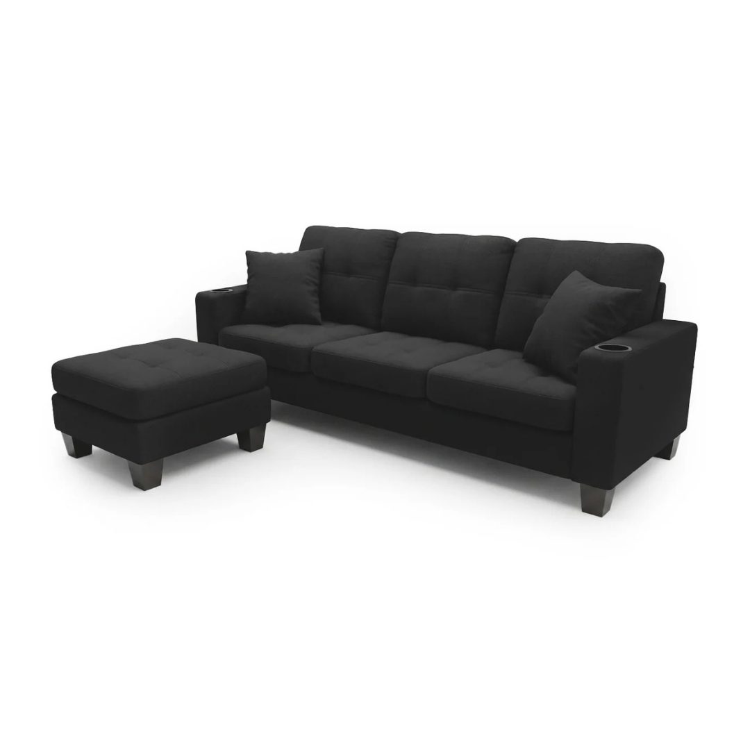 Kiger black 3-seater sofa chaise with convertible footstool 184cm