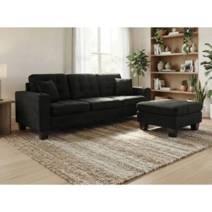 Black 3-seater sofa chaise with movable footstool