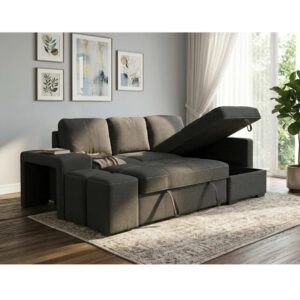 Storage compartment inside Stacy black chaise longue sofa