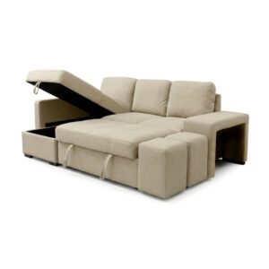 Wide view of Stacy beige chaise longue sofa bed