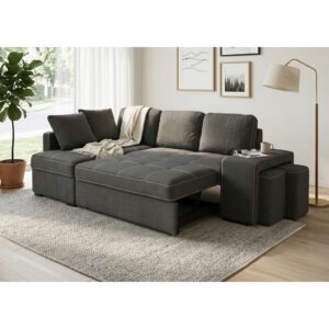 Stacy dark grey chaise longue sofa bed with storage front view