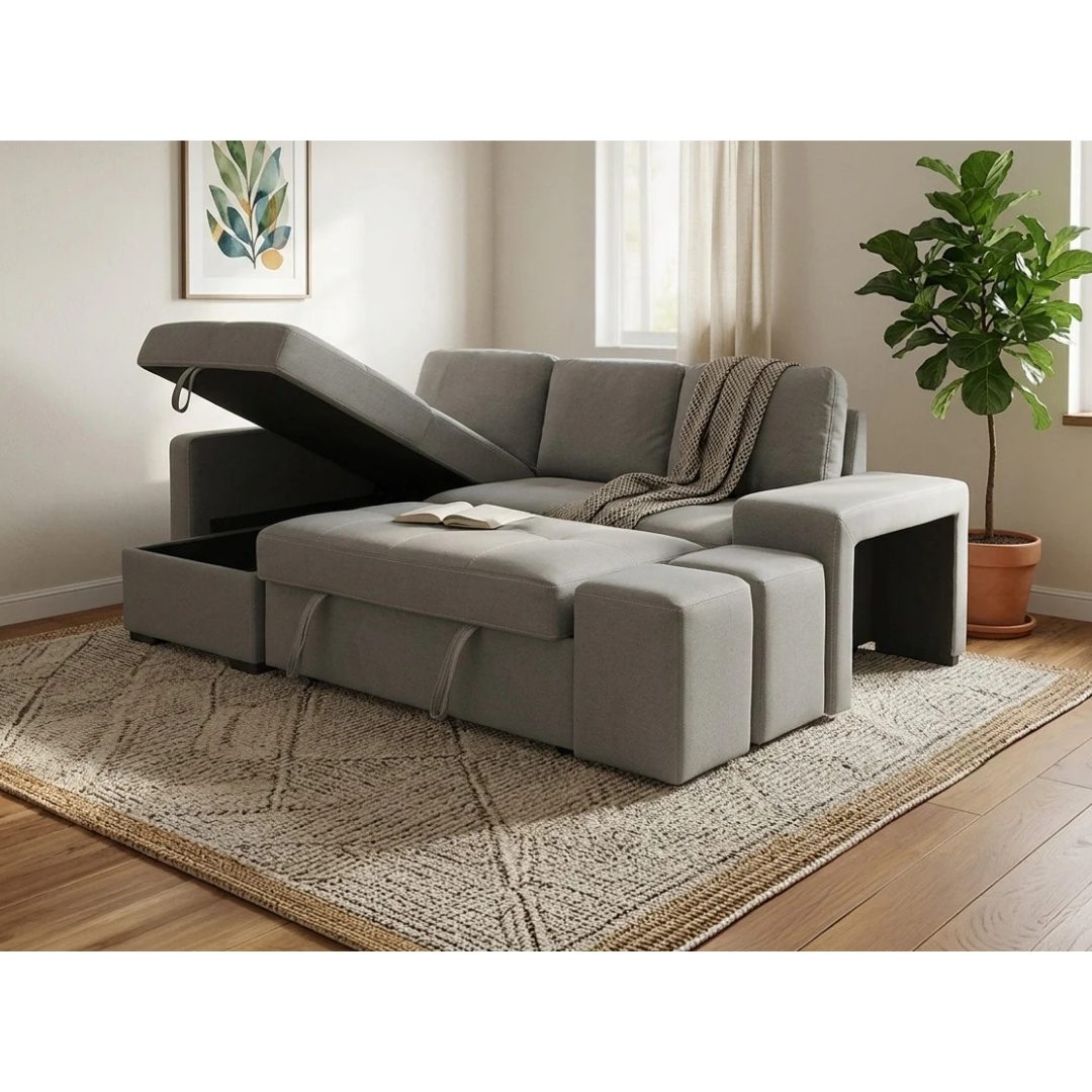 Storage compartment inside Stacy grey chaise longue sofa