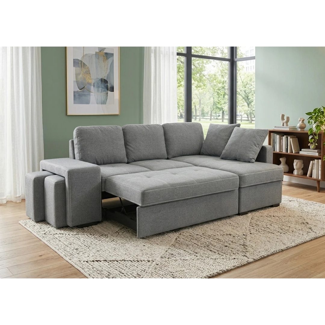 Stacy light grey sofa bed with two matching poufs