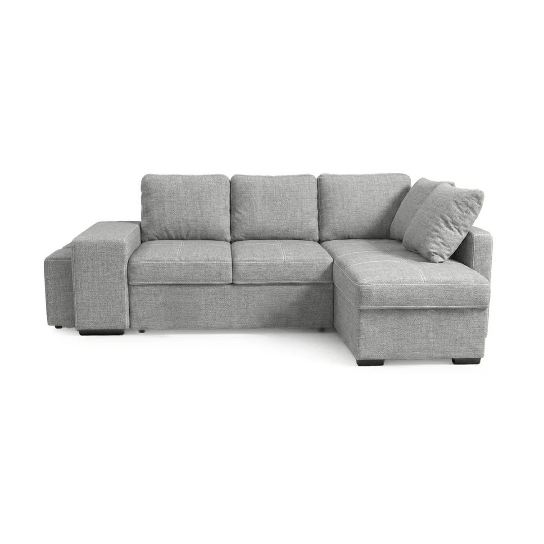 Stacy light grey chaise longue sofa bed with storage front view