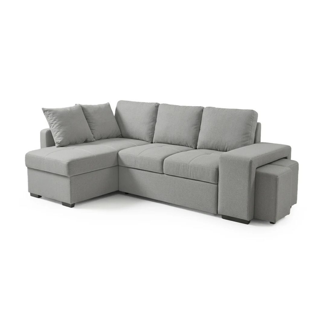Stacy grey chaise longue sofa bed with storage front view