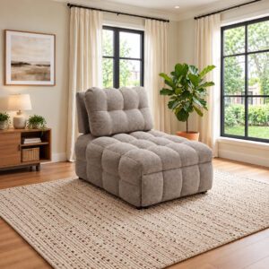 Noelle beige convertible chair bed in upright seating position