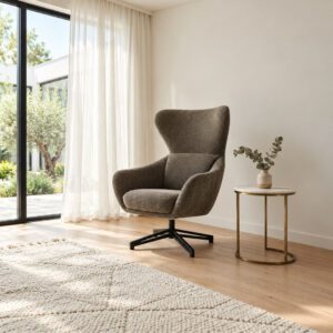 Alba swivel accent chair with textured upholstery and black metal base